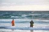 Two people stand in the surf fishing