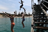 People jump from a jetty into the ocean in South Australia.
