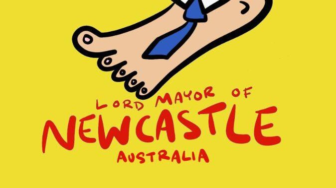 Newcastle Lord Mayor logo with H-Foot graffiti character, with Homer Simpson head, superimposed.