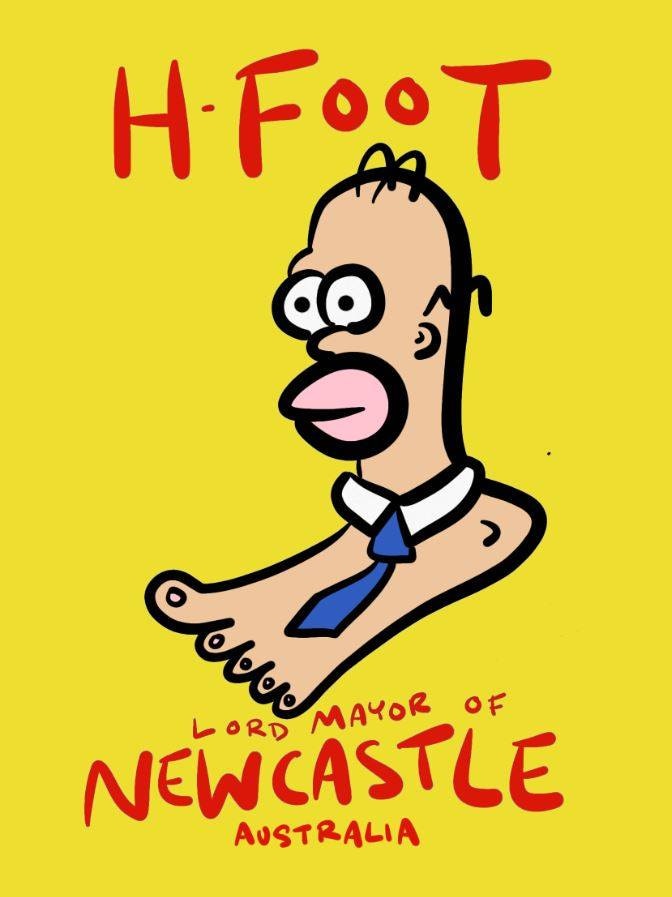 Newcastle Lord Mayor logo with H-Foot graffiti character, with Homer Simpson head, superimposed.
