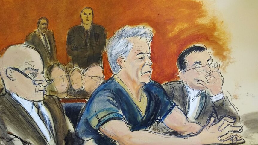 An artist's sketch of Jeffrey Epstein in court, wearing a blue prison uniform, sitting between lawyers.