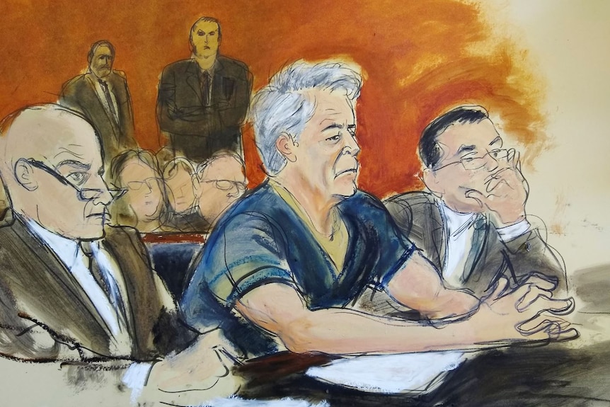 An artist's sketch of Jeffrey Epstein in court, wearing a blue prison uniform, sitting between lawyers.