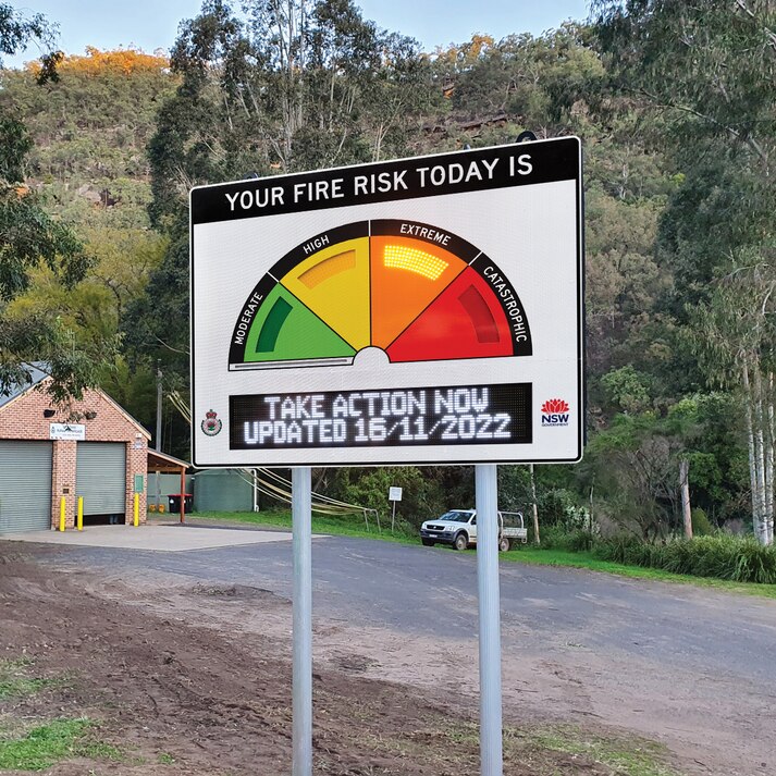 A colour coded semi circle is split into four categories and used to visually show the current fire danger rating in the area. 