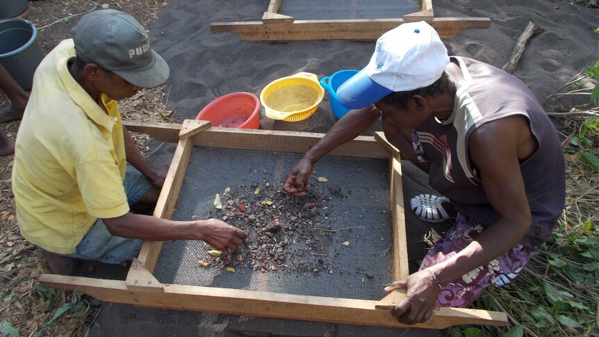 Archaeological assistants sieving deposits at Mahilaka in NW Madagascar