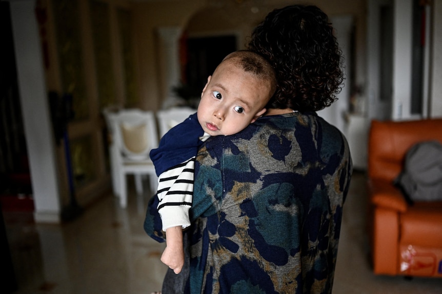 Photo shows a small boy being held in the arms by a parent from behind 