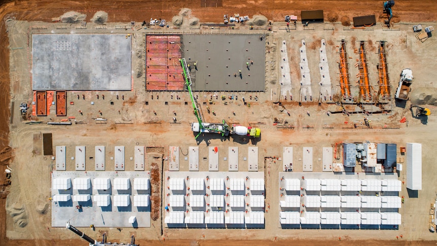 Aerial shot lookingn straight down at big battery project under construction