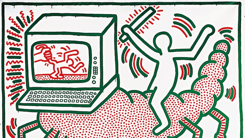 On white background, green figure with bat rides red spotted creature with a vintage computer head above three headless figures.
