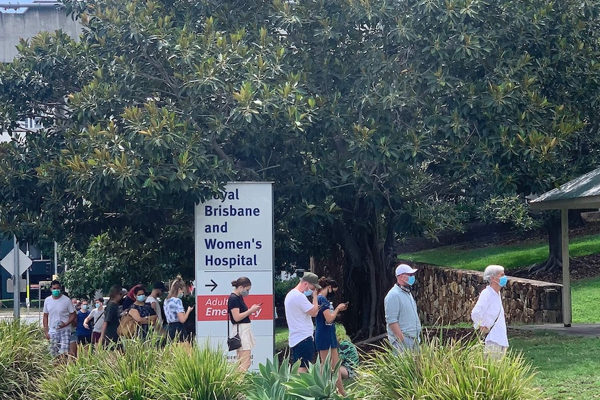 Dozens of people queue at the fever clinic at the Royal Brisbane and Women's Hospital waiting to be tested.