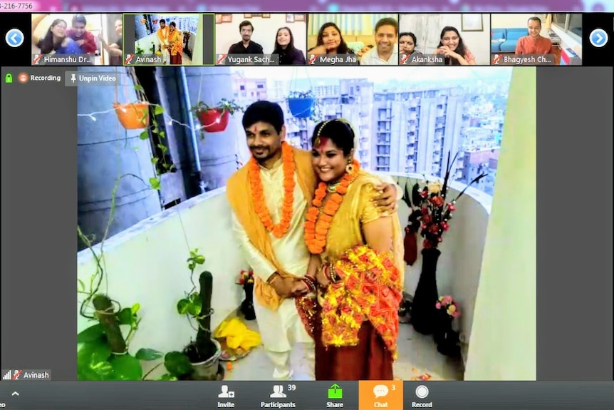Screenshot of Zoom screen during Hindu wedding ceremony.
