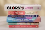 A stack of six books, of various sizes and lengths, as well as different colours, such as red, white and navy