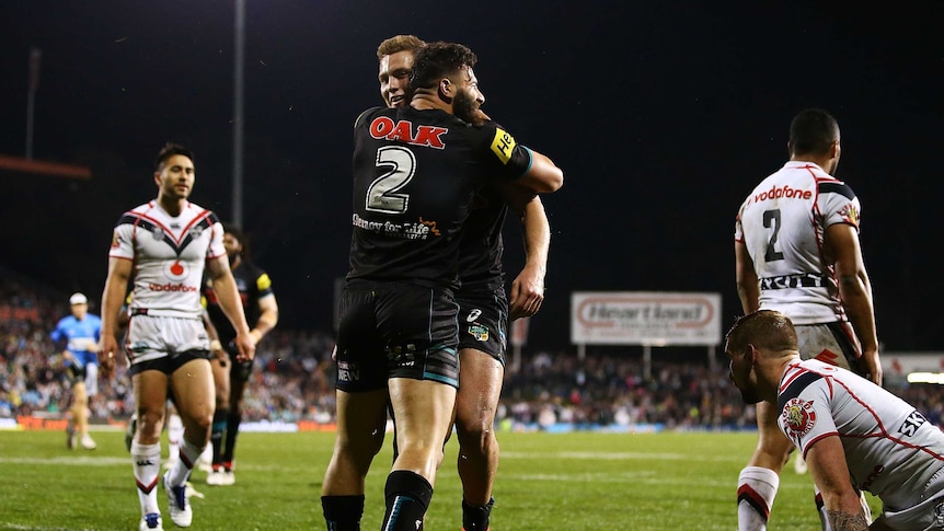 Here come the finals ... The Panthers celebrate a try