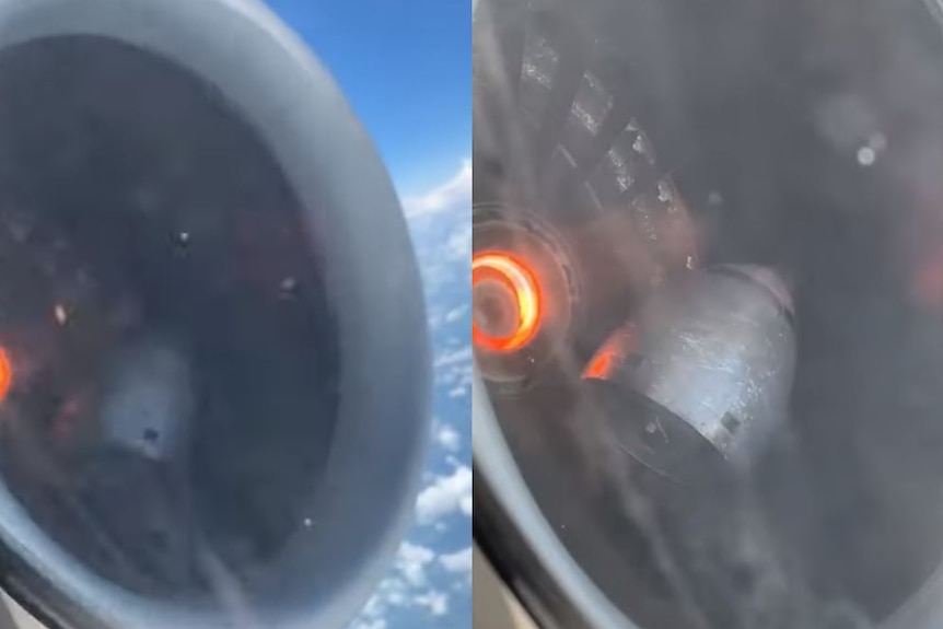 A composite image of an airplane part caught in an engine turbine.