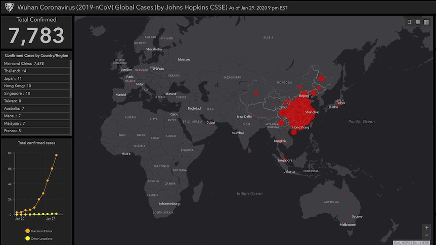 a dark map of the world with red dots signifying coronavirus cases flanked by a list of further information