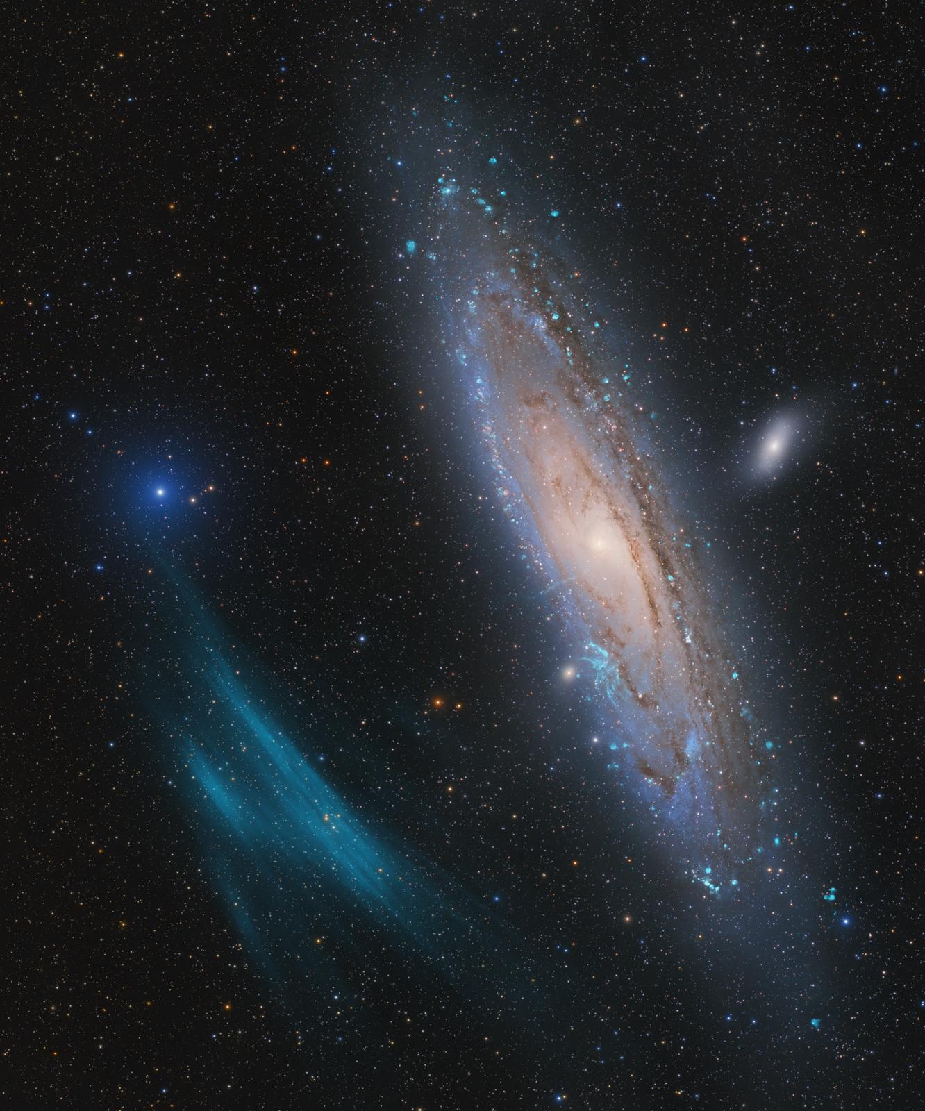 An image of space with a huge plasma arc next to the Andromeda Galaxy