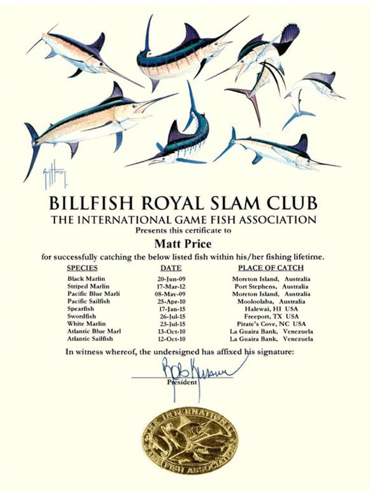 The billfish royal slam club certificate from the International Game Fish Association.