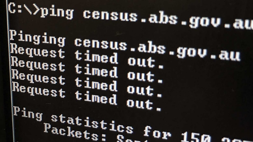 A computer screen showing attempts to ping census.abs.gov.au have timed out.