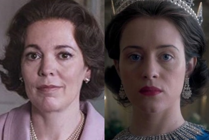 A composite image of Olivia Colman and Claire Foy as Queen Elizabeth II in The Crown.