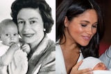 A composite image of Queen Elizabeth with her son Edward, and Meghan with her son Archie.