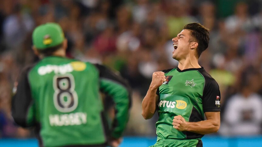 Melbourne Stars player Marcus Stoinis celebrates a wicket against Sydney Thunder in January 2016.