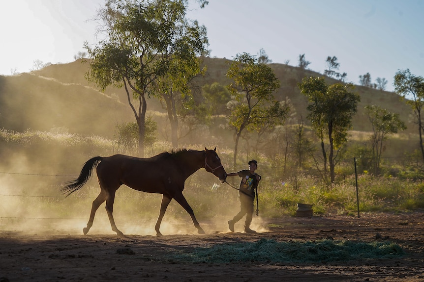 A young man leads a horse through the dusty outback.