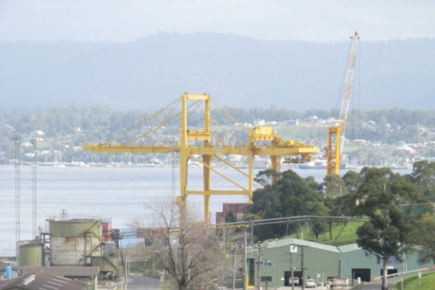 Bell Bay port, northern Tasmania, containers and crane.