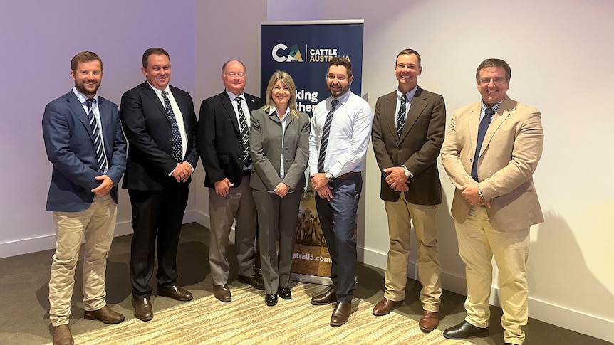 Six men and one woman in suits stand in front of Cattle Australia banner. 