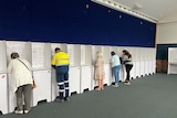 People standing in individual booths at a polling centre.