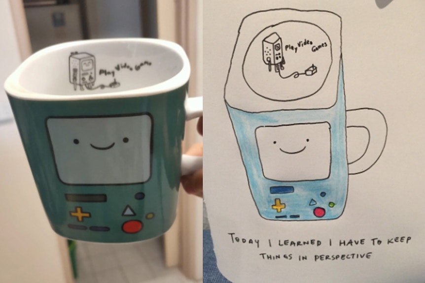 On left: photo of a cup with Adventure Time character design. On right: poorly drawn photo of cup.