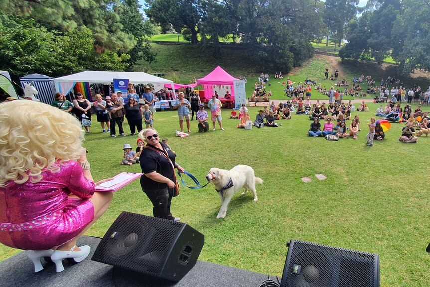 a crowd of people sitting in the park watching a golden retriever and owner talk to a drag queen on stage.