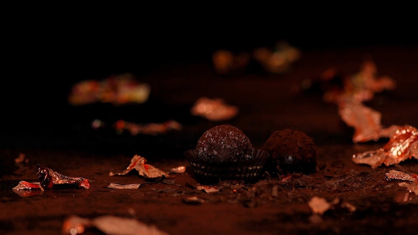 A chocolate truffle surrounded by cocoa powder and gold chocolate wrappers