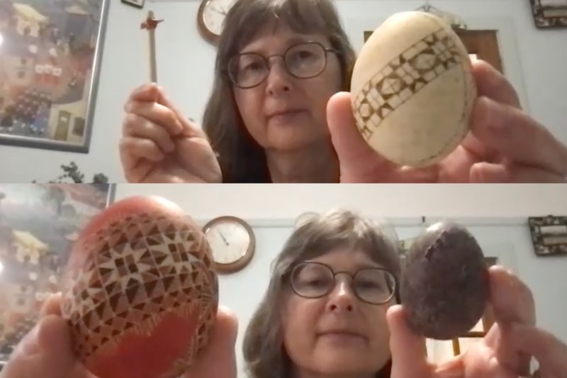 A composite image of a woman holding pysanky eggs.
