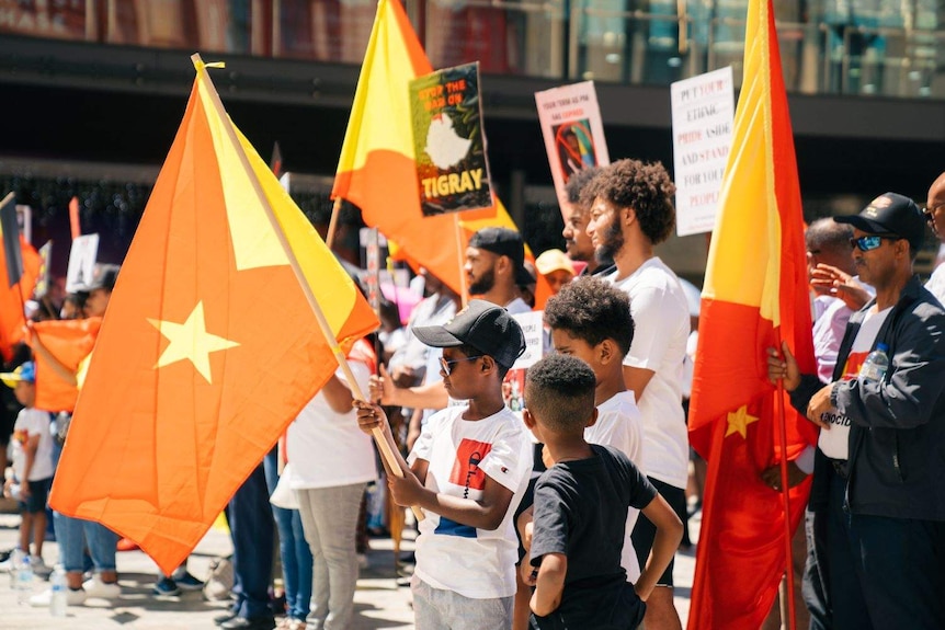 People gathered in Perth holding flags in support of Tigray.
