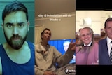 Three images of tiktok users' from left a man with a green filter, a girl gesturing while sitting down and a girl singing.