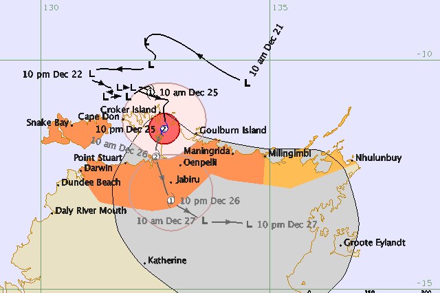Tropical Cyclone Grant forecast track map, issued at 10:59 pm CST, December 25, 2011.