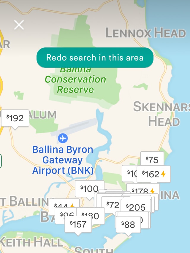 Map showing Airbnb rentals around Ballina, NSW