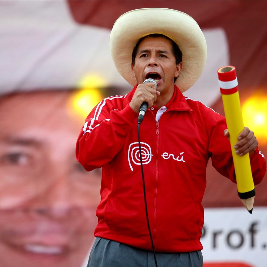 Presidential candidate of Peru Libre Pedro Castillo speaks during a campaign rally in Lima, Peru.