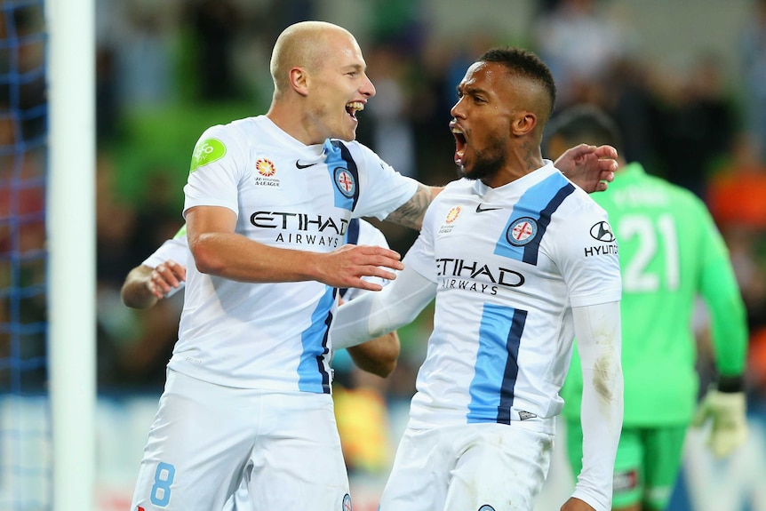 Aaron Mooy celebrates against Brisbane Roar