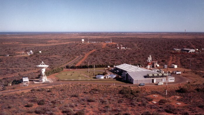 An aerial photo of the station showing the large dish and buildings at the station.