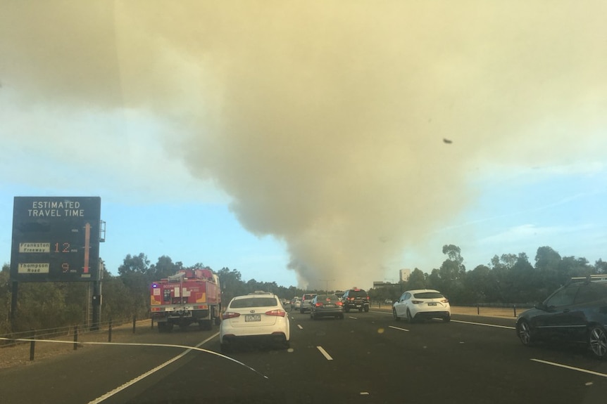 Smoke billowing up over Eastlink near the Dandenong bypass.