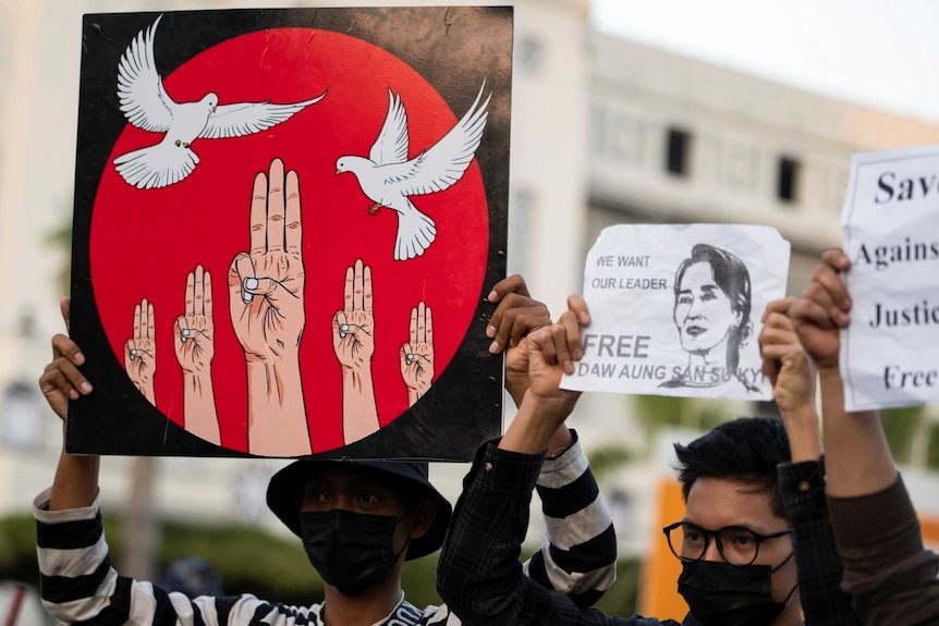 People hold a placard with a three-finger salute and doves.