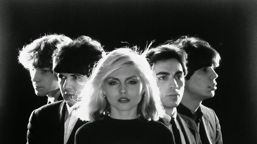 Black and white portrait photo of Blondie, the five piece band founded by singer Debbie Harry.
