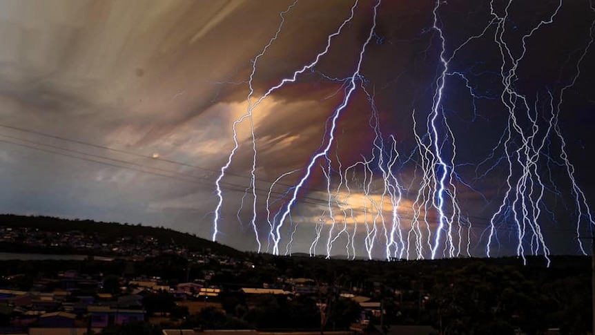 Multiple bolts of lightning hit the ground in an electrical storm in southern Tasmania.