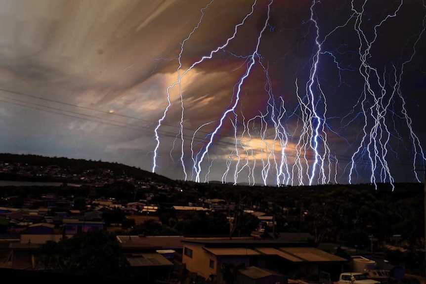 Multiple bolts of lightning hit the ground in an electrical storm in southern Tasmania.