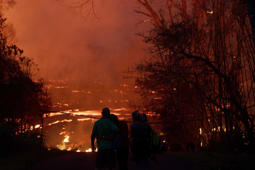 Silhouettes of four people standing near trees and looking at at the burning ground and embers from lava flow.