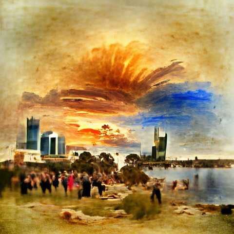 A crowd below a skyline of towers against an orange sky