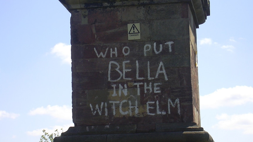 Graffiti reading 'who put bella in the witch elm' scrawled on a monument