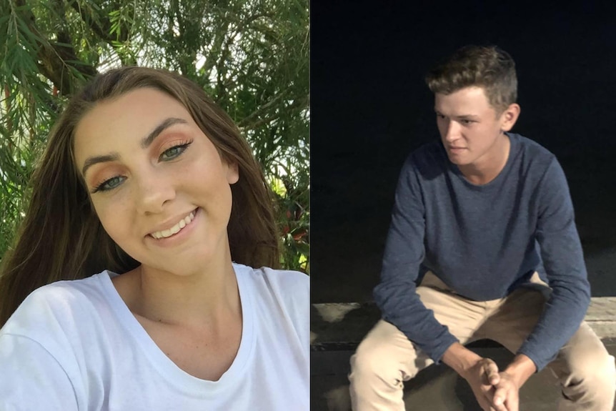 A photo of a young girl smiling and a different photo of a young man sitting on a bench.