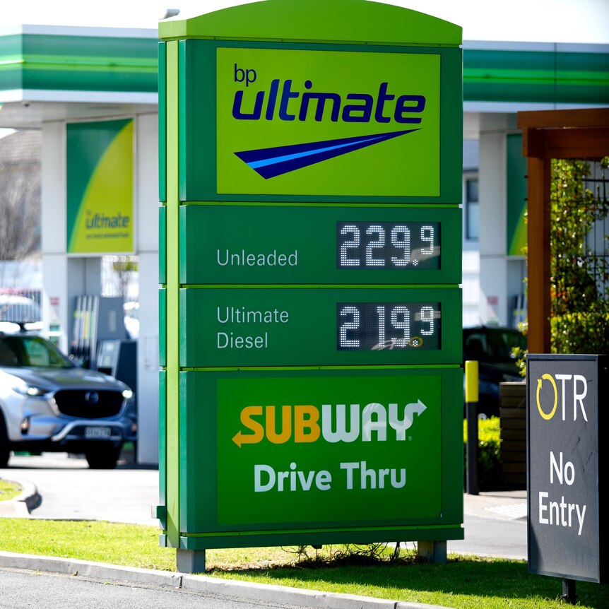 A sign at a service station in Adelaide showing petrol prices.