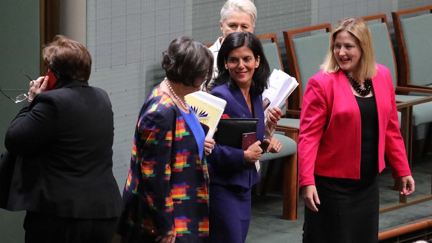 Julia Banks smiles as she speaks to colleagues.