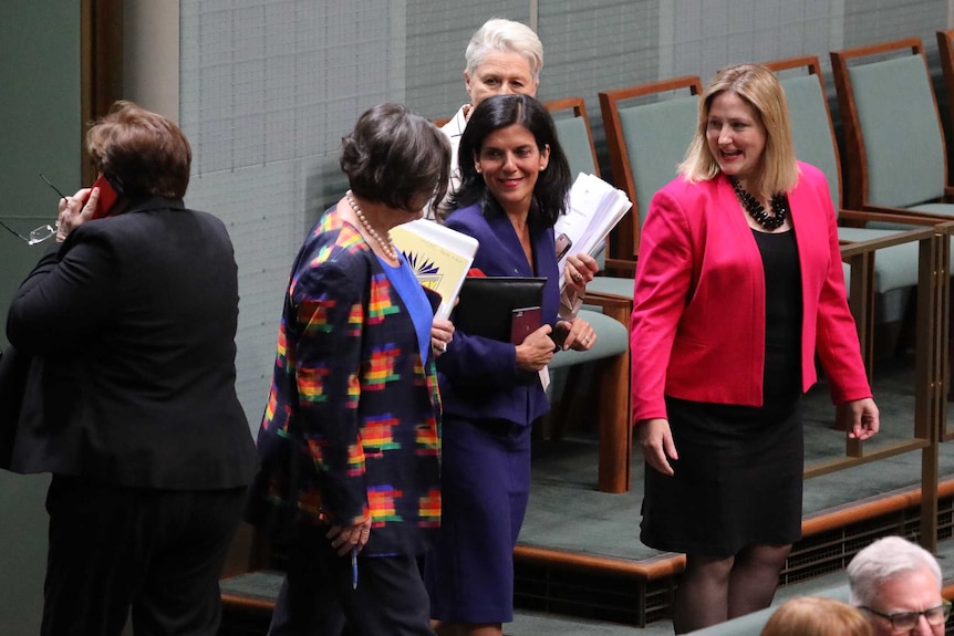 Julia Banks smiles as she speaks to colleagues.